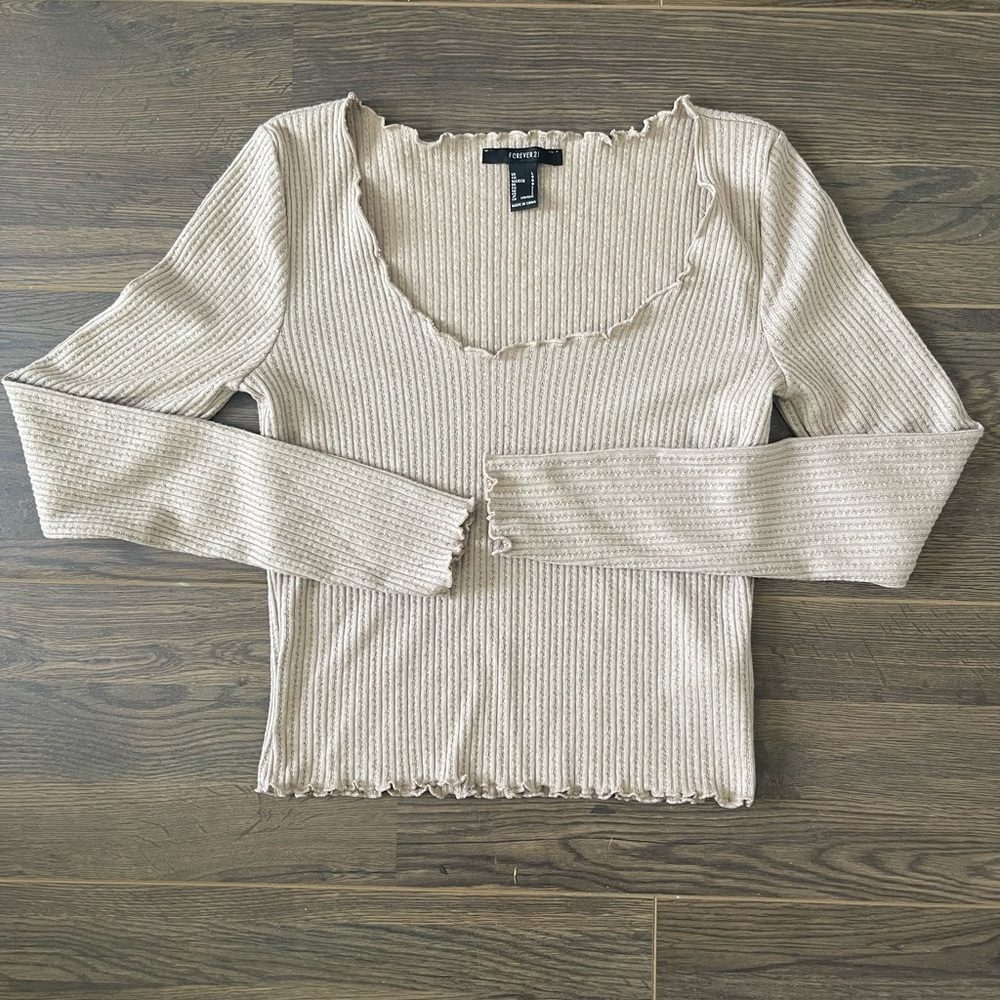 Ribbed Cream Top Forever 21 Knit Long Sleeve